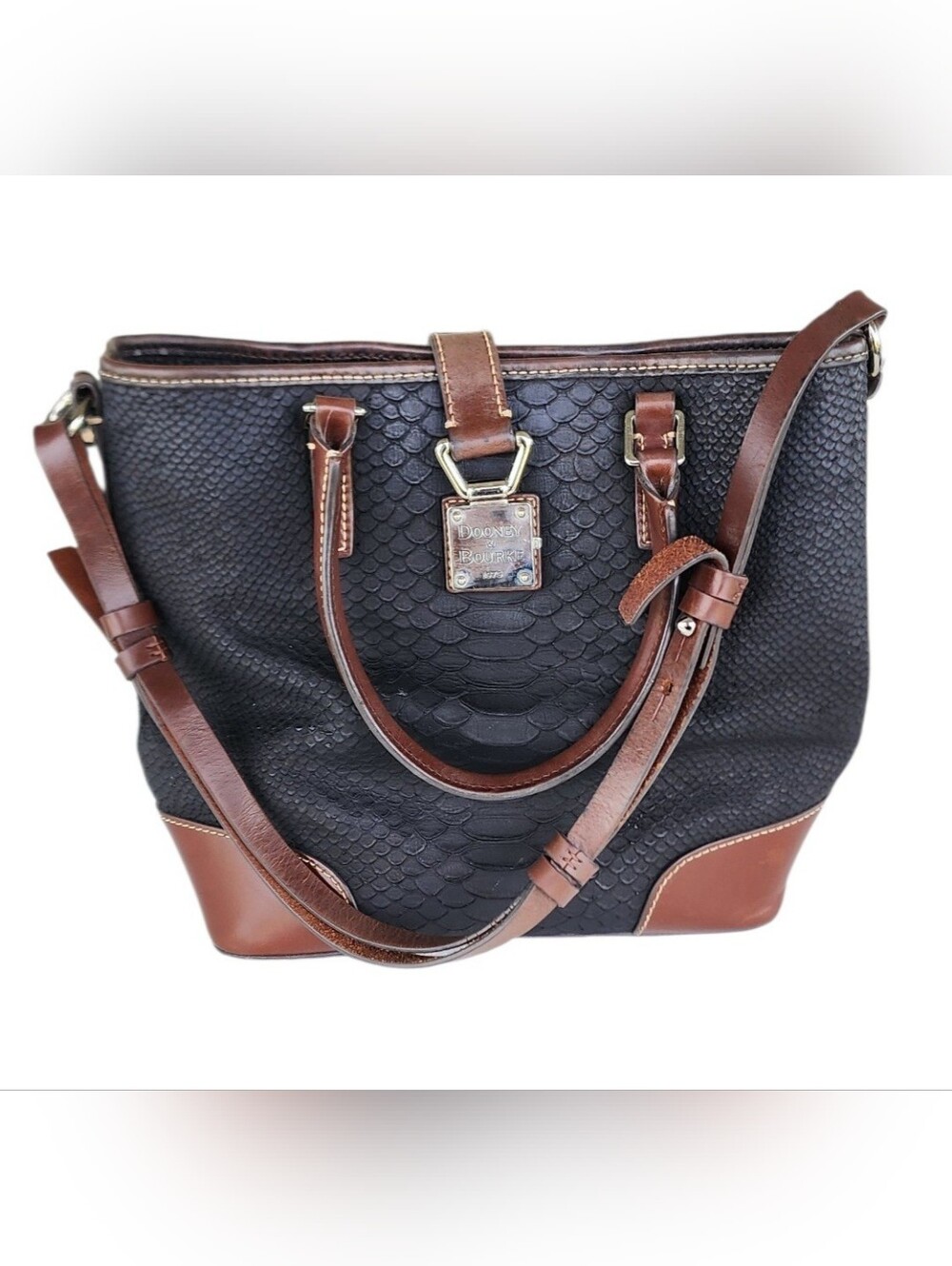 Vintage Dooney & Bourke Black and Brown Leather Embossed Tote